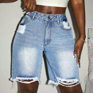 Distressed High Waist Frayed Hem Denim Shorts